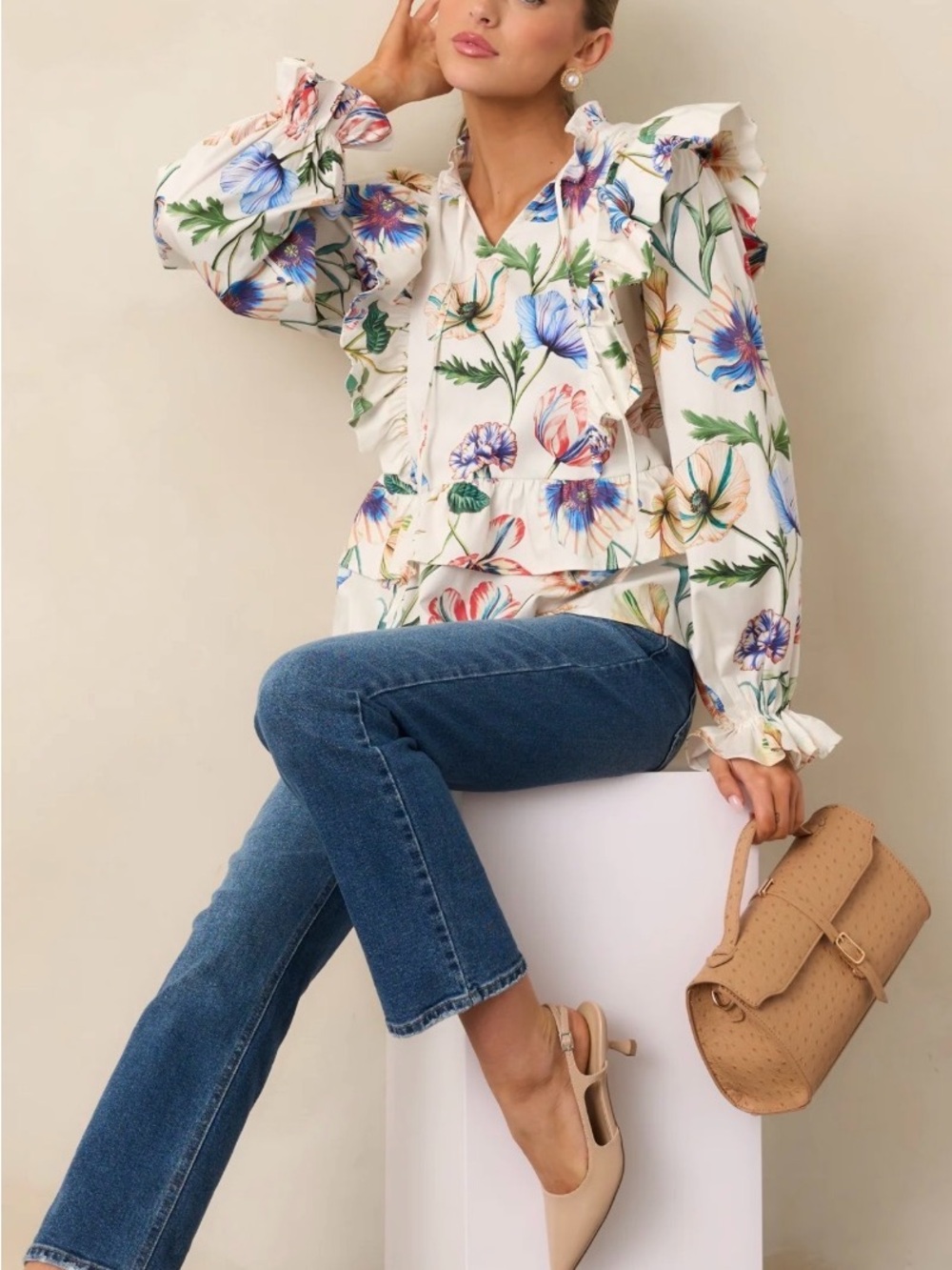 Ruffled Floral V-Neck Peplum Blouse - White with Multicolor Florals